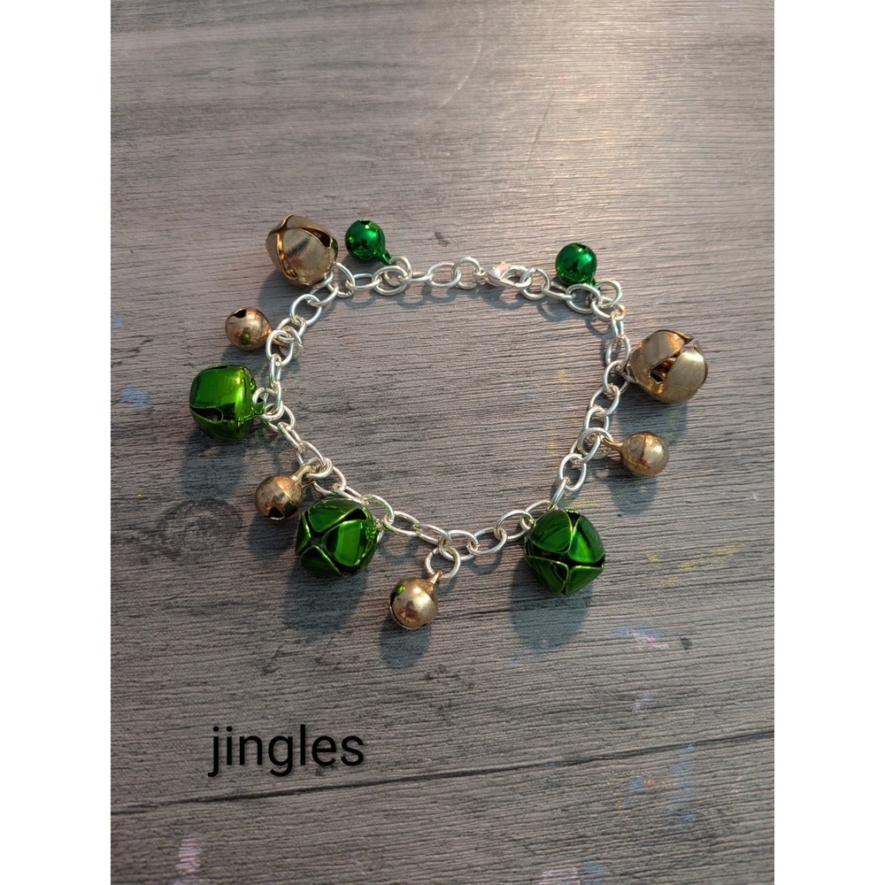 Jingles Christmas Holiday Bell Charm Bracelet Green Gold Silver Tone Festive